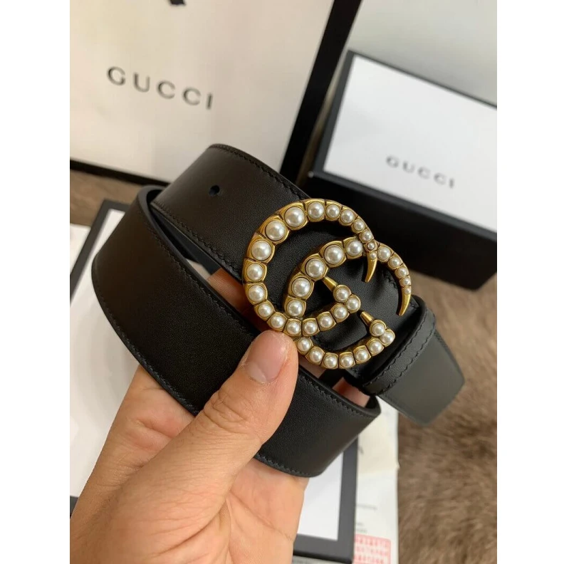 Lv belts replica Black lea Gucci Black Leather 35mm Belt With Pearl Double G