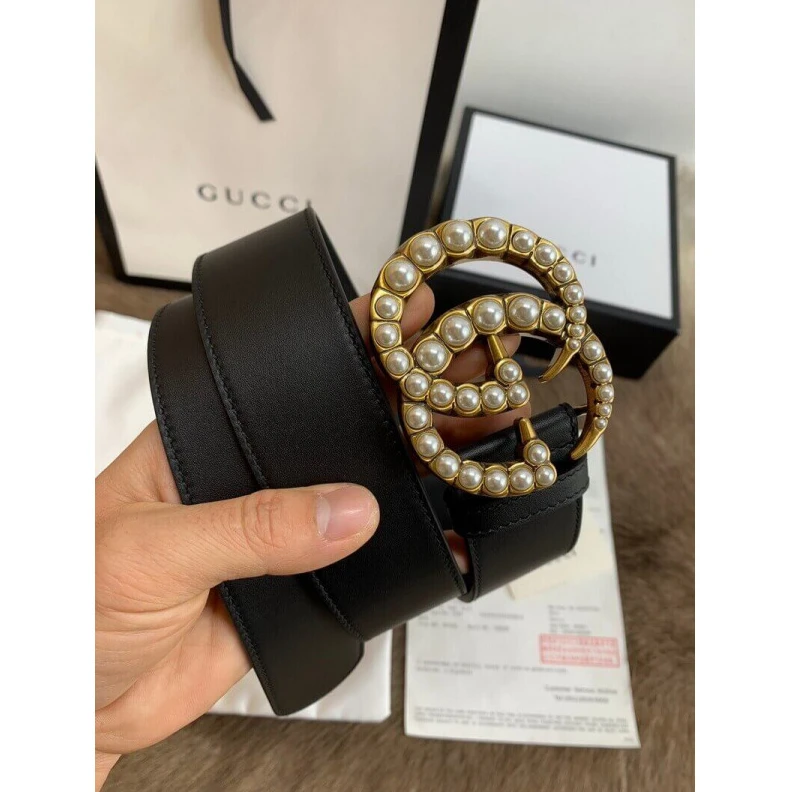 Black lea Gucci Black Leather 40mm Belt With Pearl Double G