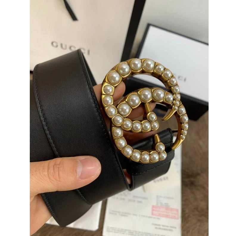 Kitlife ru Black lea Gucci Black Leather 40mm Belt With Pearl Double G