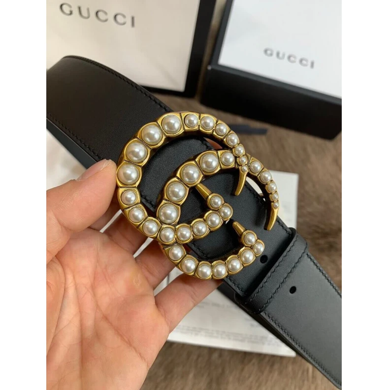 Kitlife ru Black lea Gucci Black Leather 40mm Belt With Pearl Double G