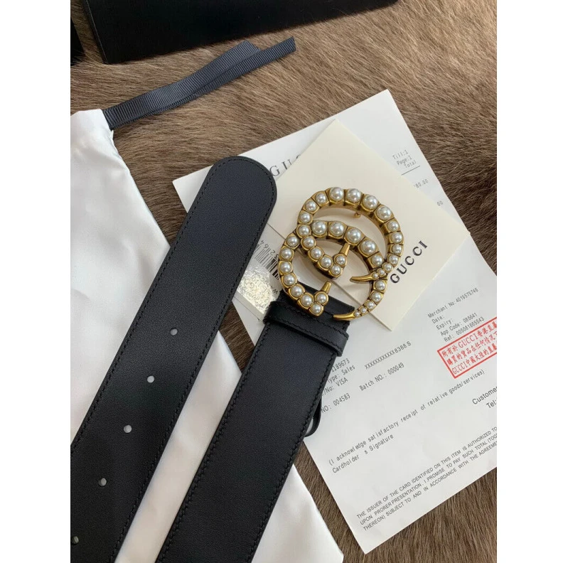 Kitlife ru Black lea Gucci Black Leather 40mm Belt With Pearl Double G