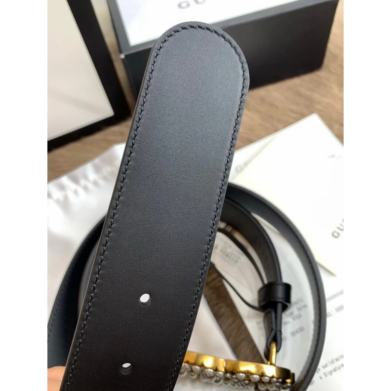 Kitlife ru Black lea Gucci Black Leather 40mm Belt With Pearl Double G