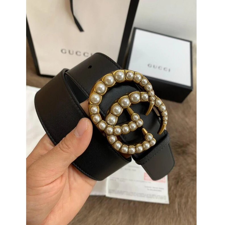 Kitlife ru Black lea Gucci Black Leather 40mm Belt With Pearl Double G