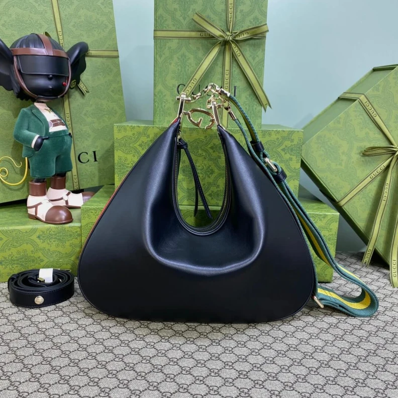 Top lv Black lea Gucci Black Leather Attache Medium Shoulder Bag
