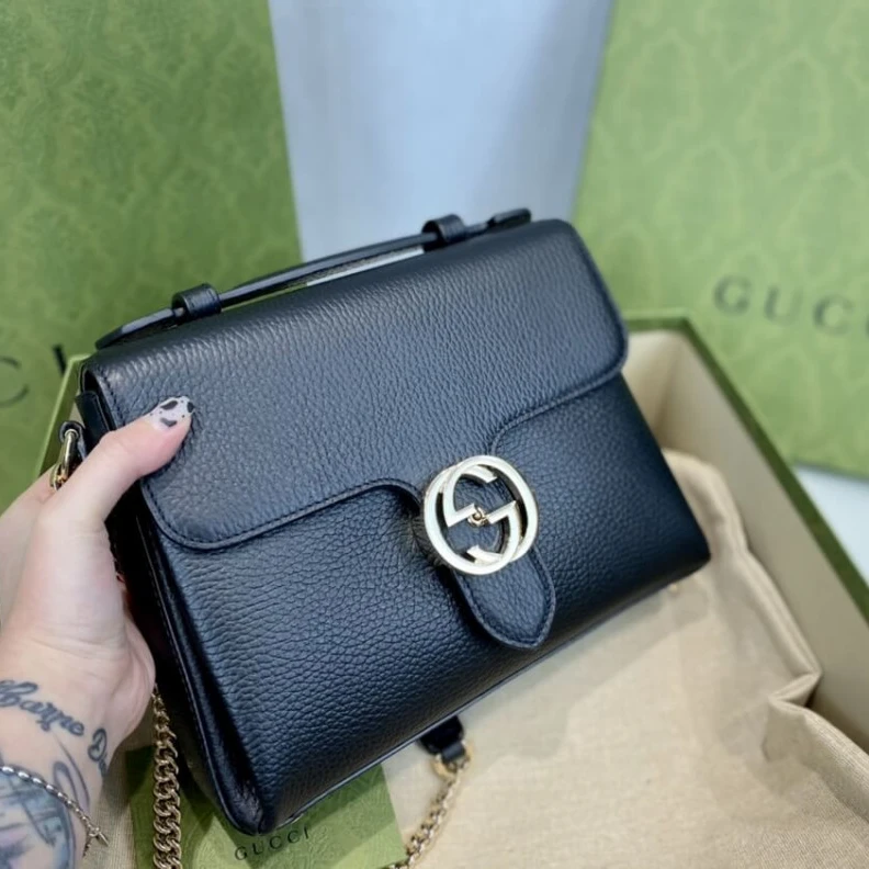 Louis vuitton locations Interior Gucci Black Leather Interlocking GG Clasp Convertible Bag