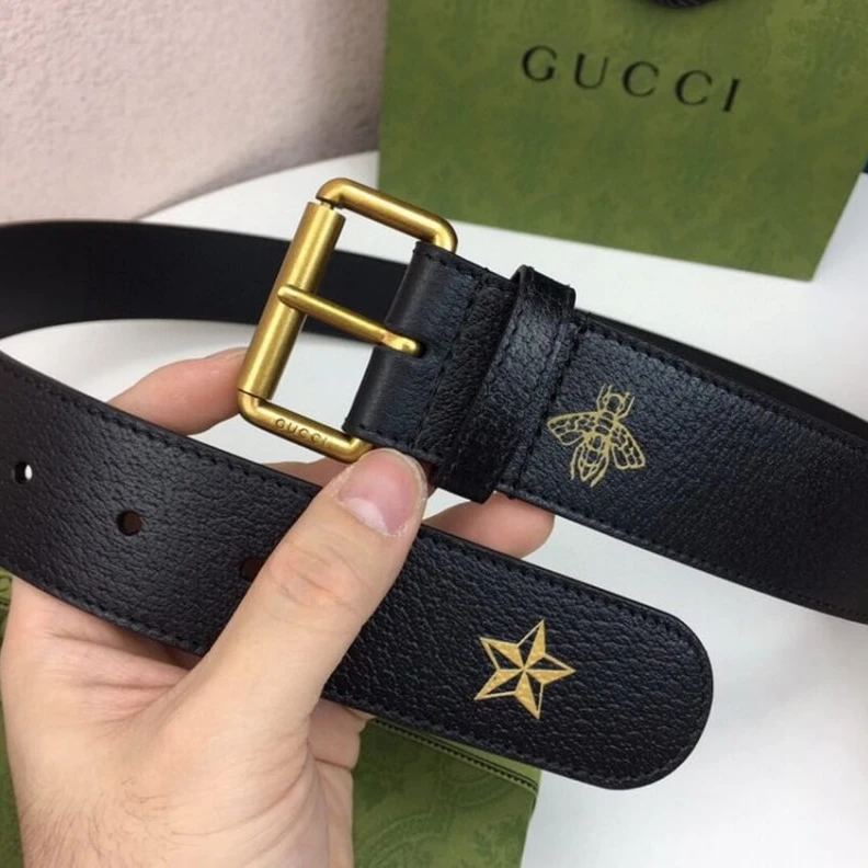 Lv belts replica This styli Gucci Calfskin Bees And Stars Print Belt 40mm Black