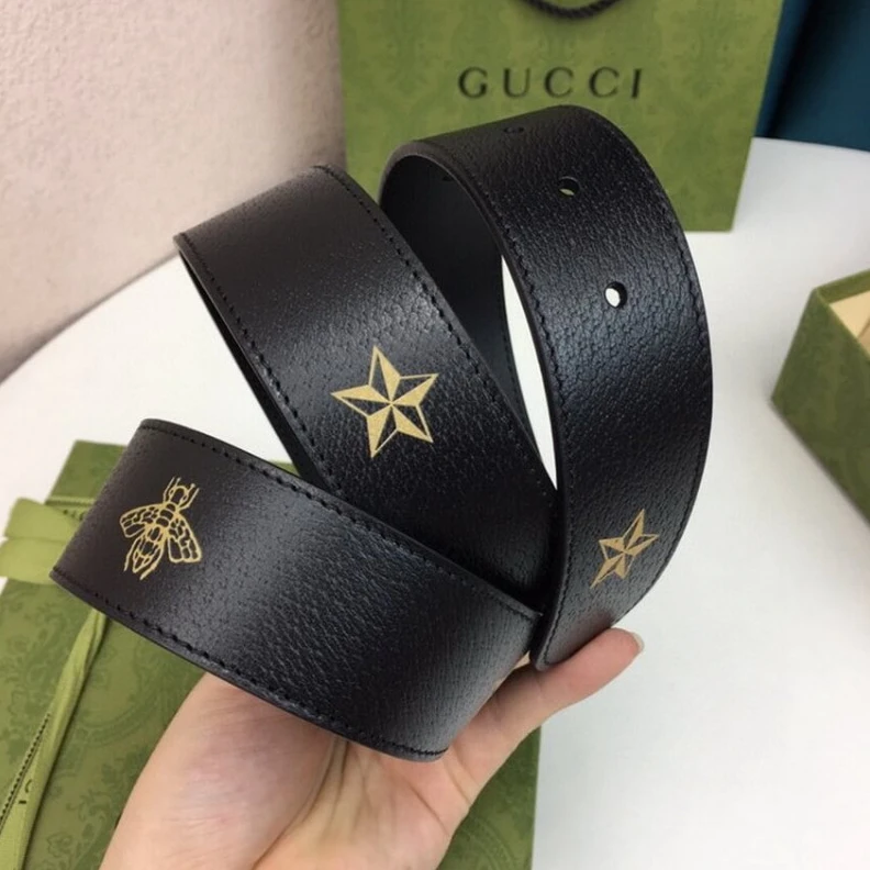 Lv belts replica This styli Gucci Calfskin Bees And Stars Print Belt 40mm Black