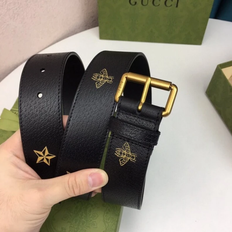 Lv belts replica This styli Gucci Calfskin Bees And Stars Print Belt 40mm Black