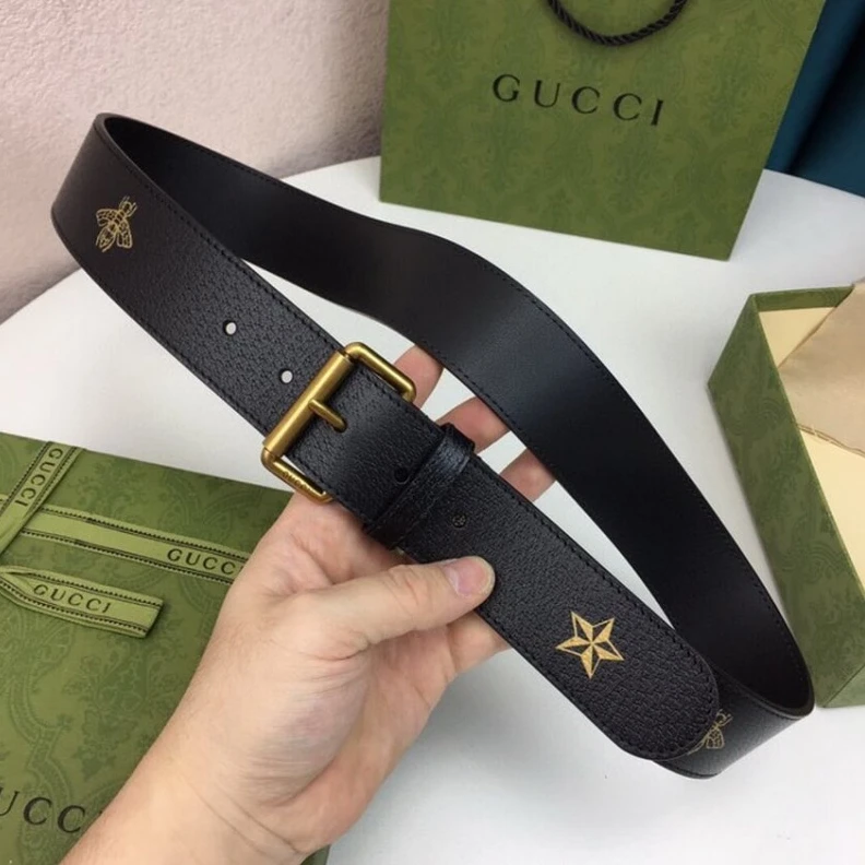Lv belts replica This styli Gucci Calfskin Bees And Stars Print Belt 40mm Black