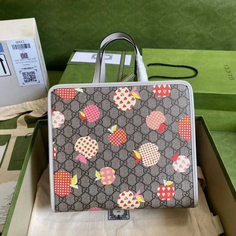 Beige and Gucci Children's GG Heart Apple Pattern Tote