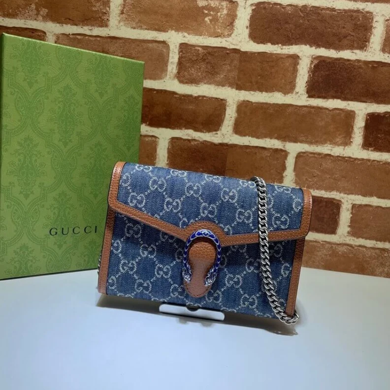 Top lv Dark blue Gucci Denim Dionysus Mini Chain Bag
