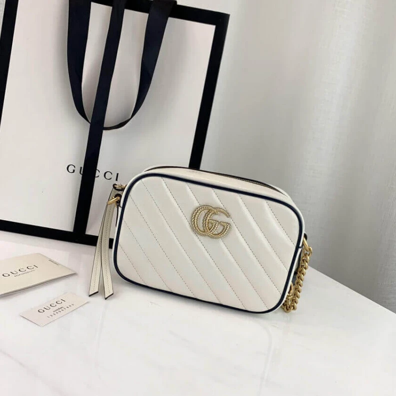 Chain sho Gucci Diagonal GG Marmont Mini Bag White Blue