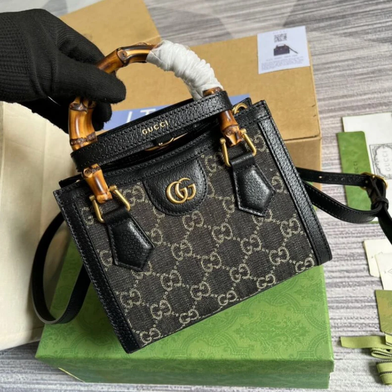 Replica bag Shiny ant Gucci Diana Mini Tote Bag in Black Denim