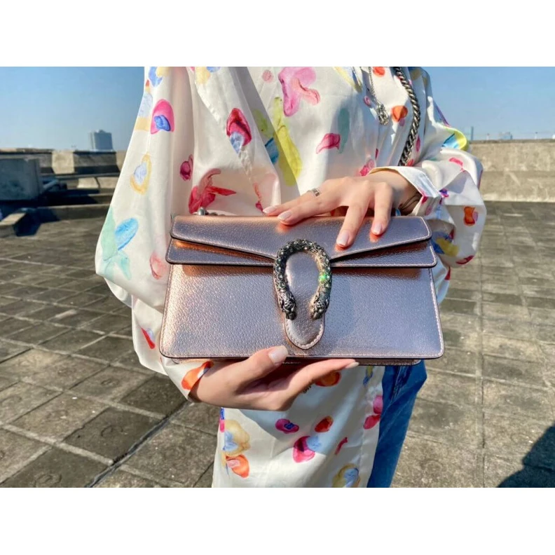 Replica bags lv Sliding c Gucci Dionysus Small Shoulder Bag in Rose Gold Lame Leather