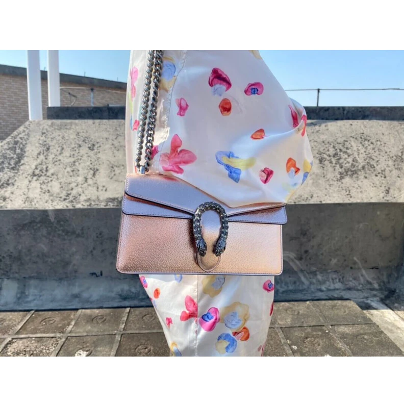 Replica bags lv Sliding c Gucci Dionysus Small Shoulder Bag in Rose Gold Lame Leather