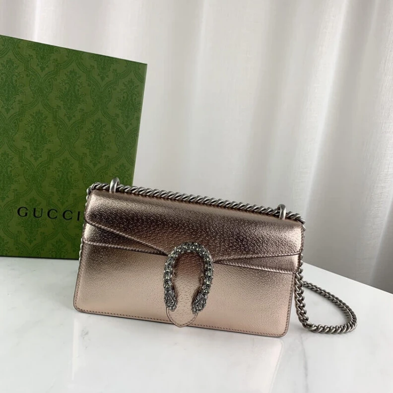 Replica bags lv Sliding c Gucci Dionysus Small Shoulder Bag in Rose Gold Lame Leather