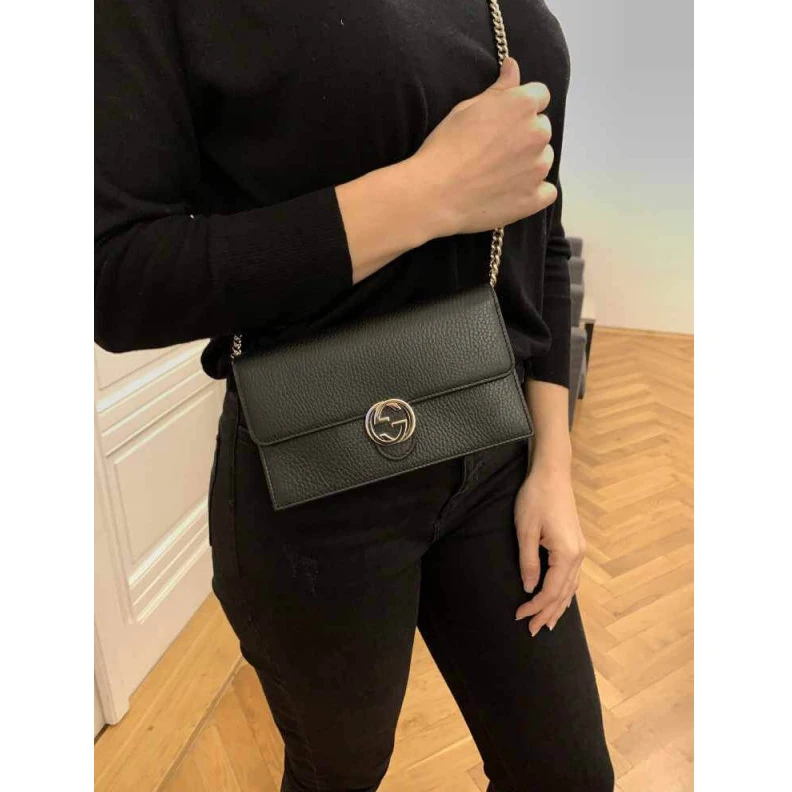 Replica bags lv Calf Leat Gucci GG Interlocking Wallet On Chain Black