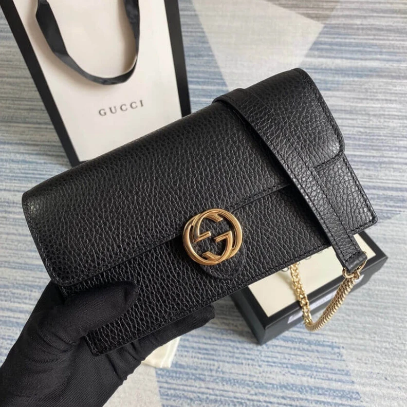 Replica bags lv Calf Leat Gucci GG Interlocking Wallet On Chain Black