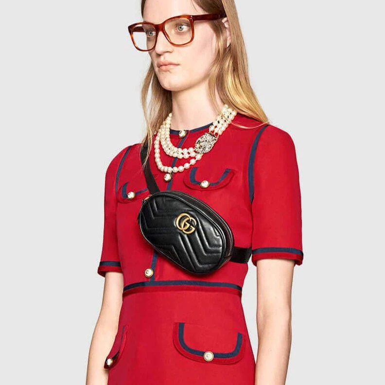 Top lv Adjustabl Gucci GG Marmont Matelasse Leather Belt Bag Black