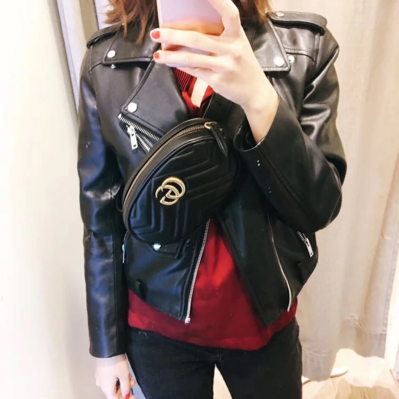 Top lv Adjustabl Gucci GG Marmont Matelasse Leather Belt Bag Black