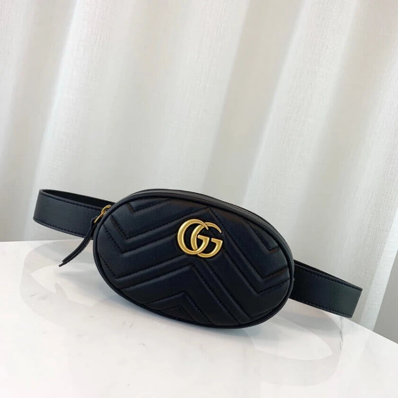 Top lv Adjustabl Gucci GG Marmont Matelasse Leather Belt Bag Black