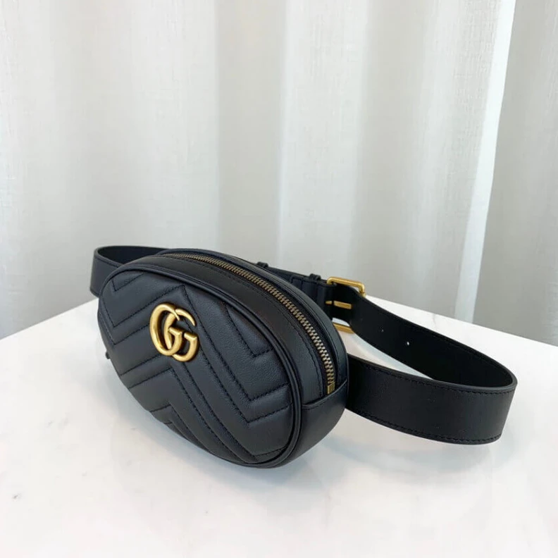 Top lv Adjustabl Gucci GG Marmont Matelasse Leather Belt Bag Black