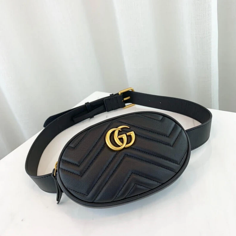Top lv Adjustabl Gucci GG Marmont Matelasse Leather Belt Bag Black
