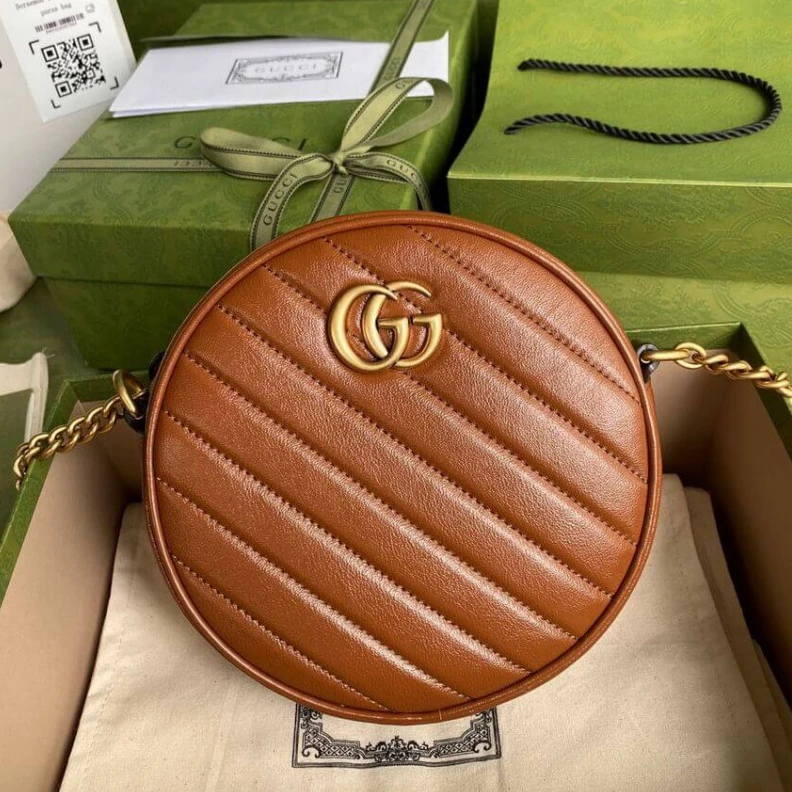 Replica bags Zip closu Gucci GG Marmont Mini Round Shoulder Bag Brown