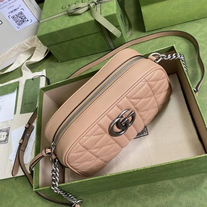 Replica bags Microfibe Gucci GG Marmont Small Shoulder Bag in Rose Beige Leather