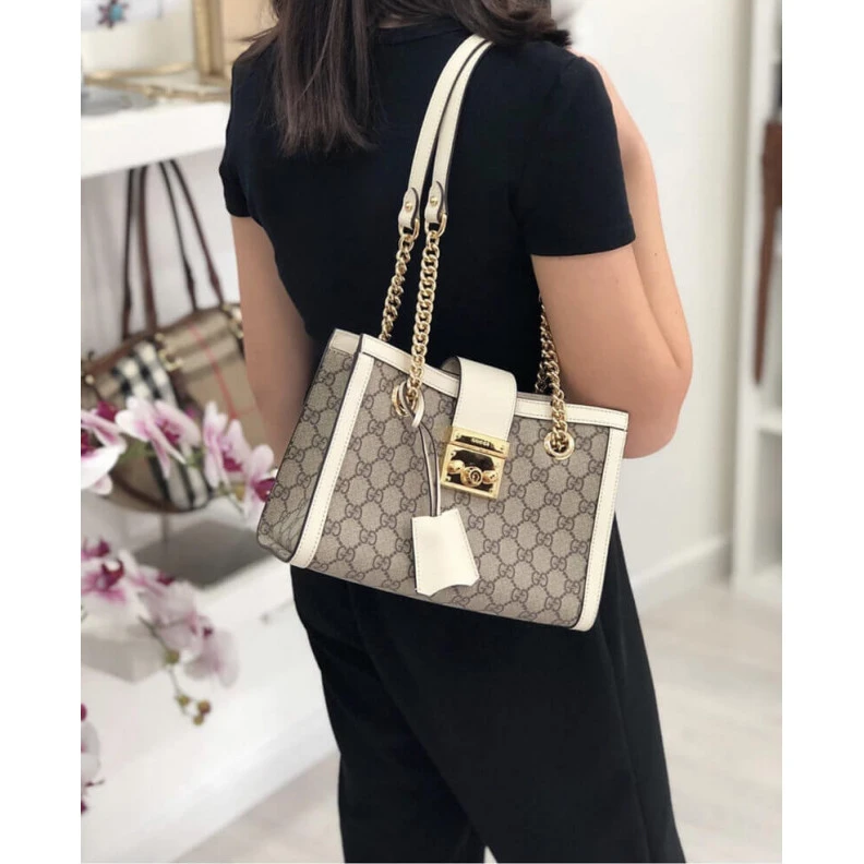 Top lv Key with Gucci GG Supreme Padlock Small Shoulder Bag White