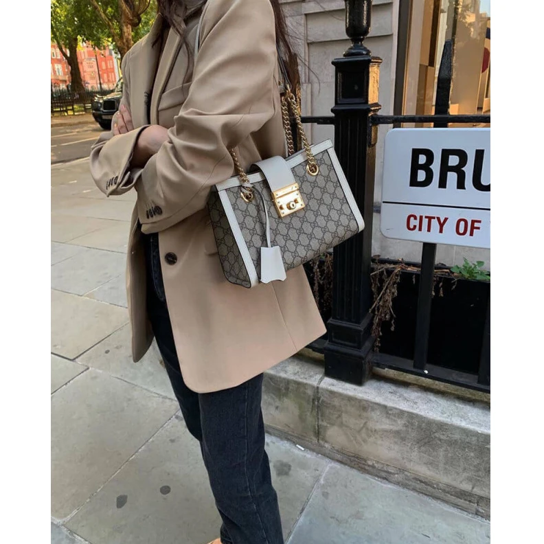 Top lv Key with Gucci GG Supreme Padlock Small Shoulder Bag White