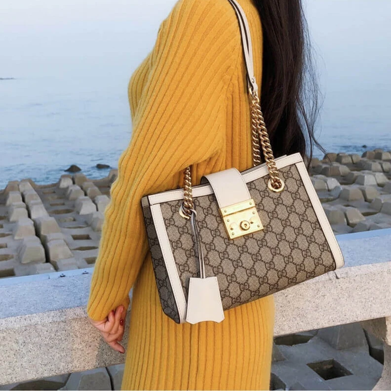 Top lv Key with Gucci GG Supreme Padlock Small Shoulder Bag White