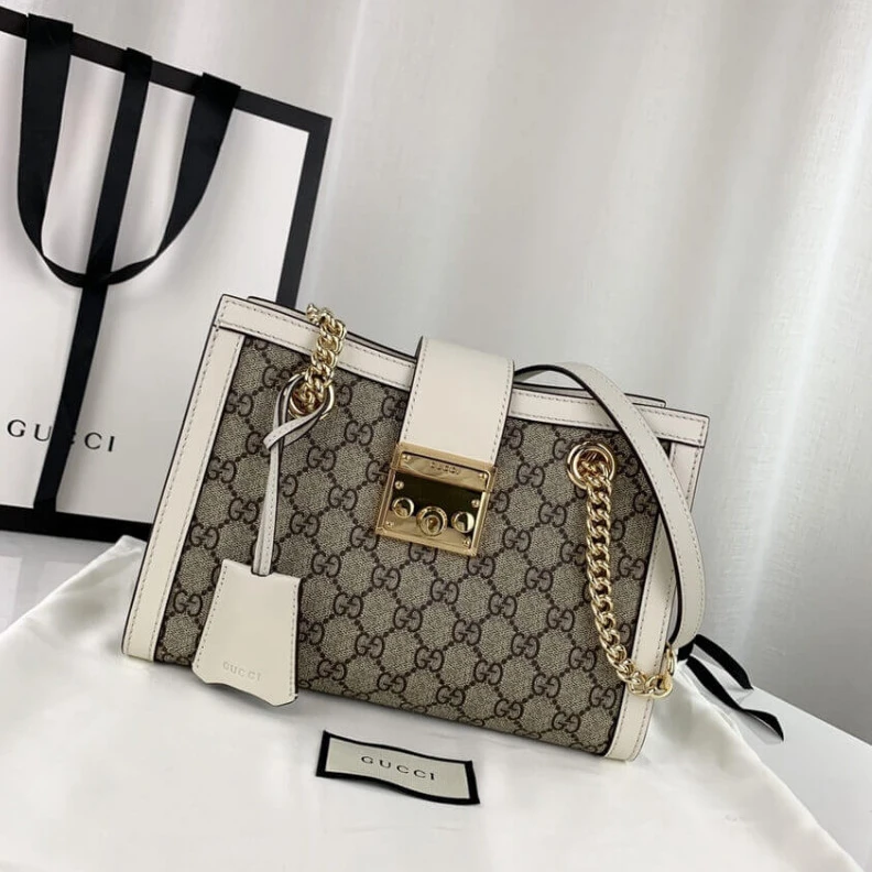 Top lv Key with Gucci GG Supreme Padlock Small Shoulder Bag White