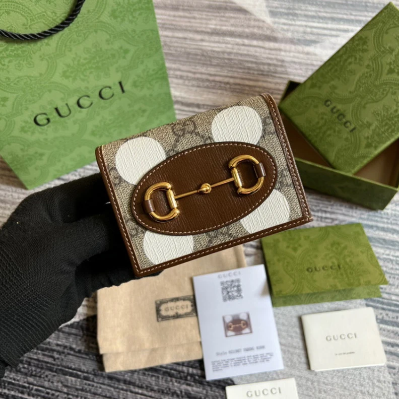 Top lv Open: 4.3 Gucci Horsebit 1955 Card Case Wallet With Polka Dot Print