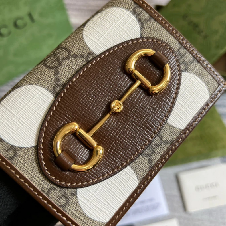 Top lv Open: 4.3 Gucci Horsebit 1955 Card Case Wallet With Polka Dot Print