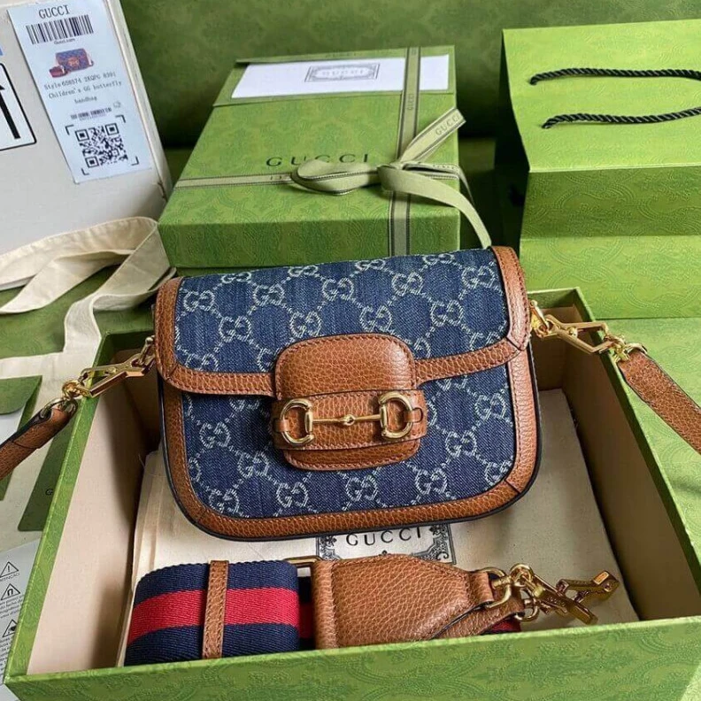 Top lv Dark blue Gucci Horsebit 1955 Denim Mini Bag