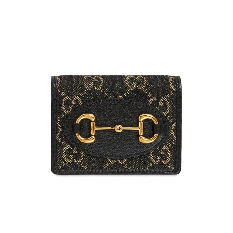 One inter Gucci Horsebit 1955 Jacquard Card Case Wallet Black