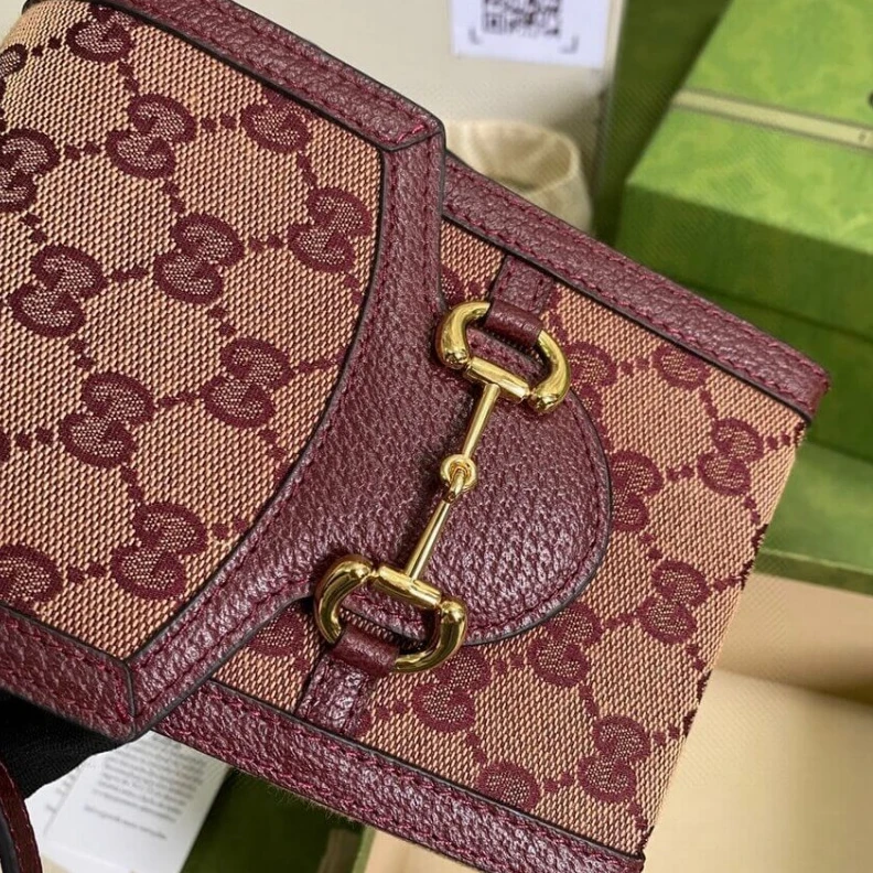 Top lv Designed w Gucci Horsebit 1955 Mini Bag in Burgundy GG Canvas
