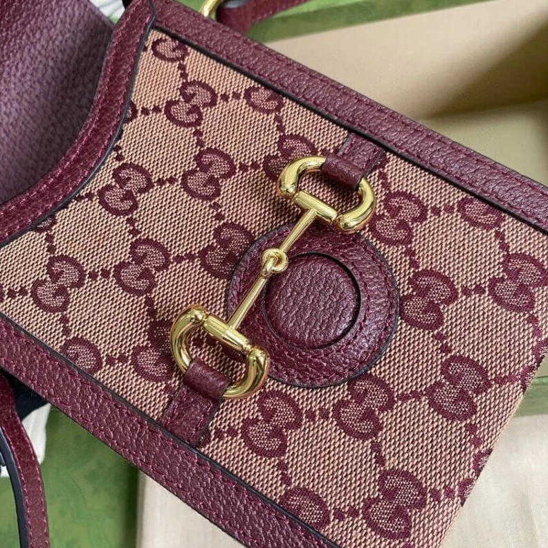 Top lv Designed w Gucci Horsebit 1955 Mini Bag in Burgundy GG Canvas