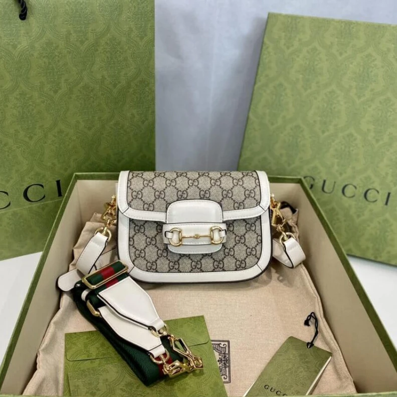 Lv belts replica Detachabl Gucci Horsebit 1955 Mini Bag in GG Supreme White