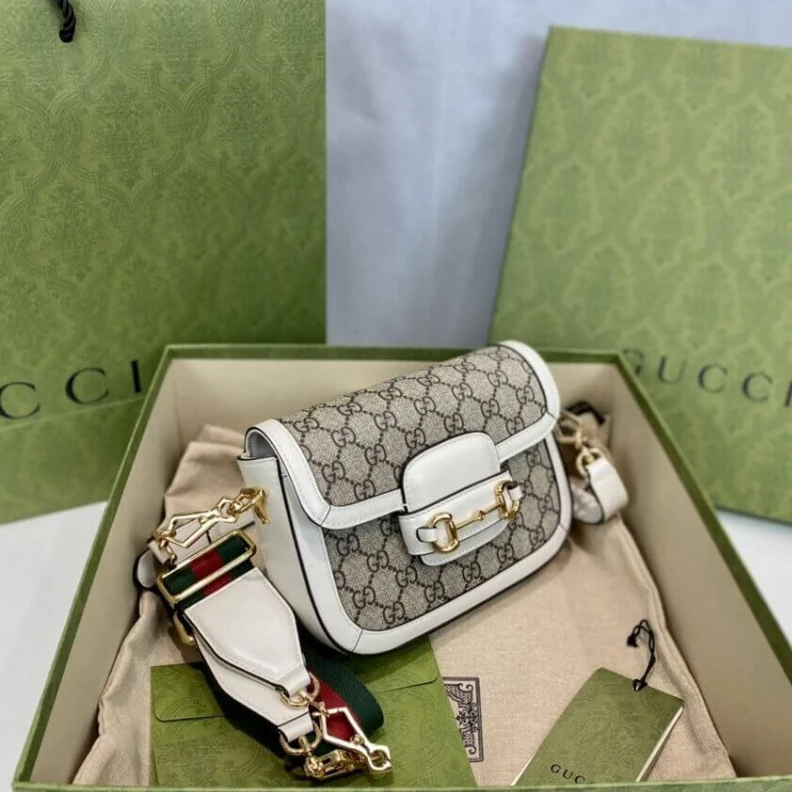 Lv belts replica Detachabl Gucci Horsebit 1955 Mini Bag in GG Supreme White