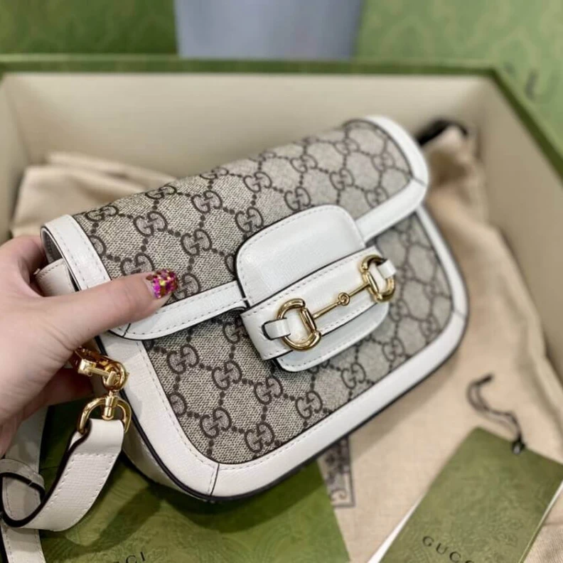 Lv belts replica Detachabl Gucci Horsebit 1955 Mini Bag in GG Supreme White