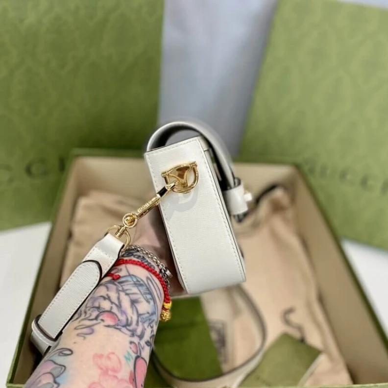 Lv belts replica Detachabl Gucci Horsebit 1955 Mini Bag in GG Supreme White