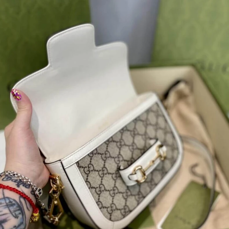 Lv belts replica Detachabl Gucci Horsebit 1955 Mini Bag in GG Supreme White