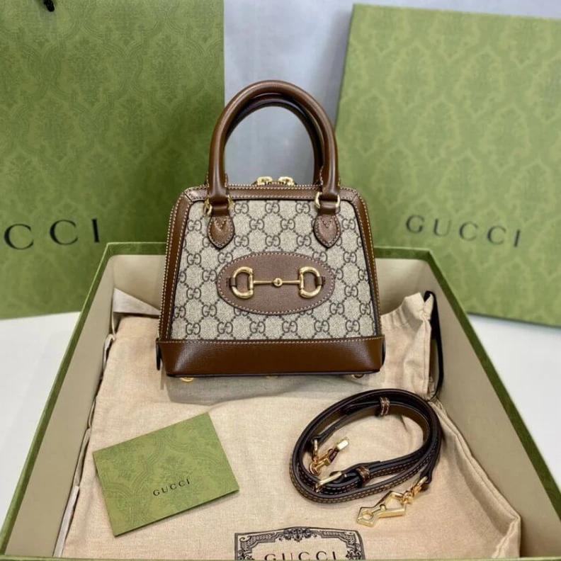 Replica bags lv Beige and Gucci Horsebit 1955 Mini Top Handle Bag In Brown GG Supreme Canvas