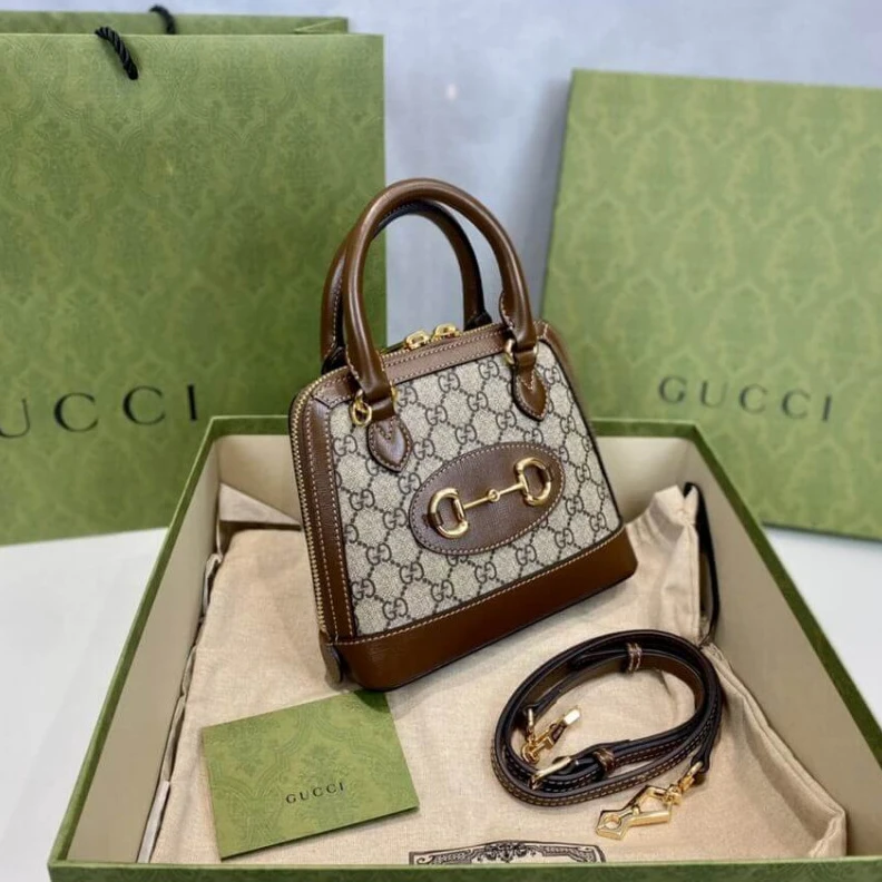 Replica bags lv Beige and Gucci Horsebit 1955 Mini Top Handle Bag In Brown GG Supreme Canvas