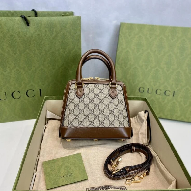 Replica bags lv Beige and Gucci Horsebit 1955 Mini Top Handle Bag In Brown GG Supreme Canvas