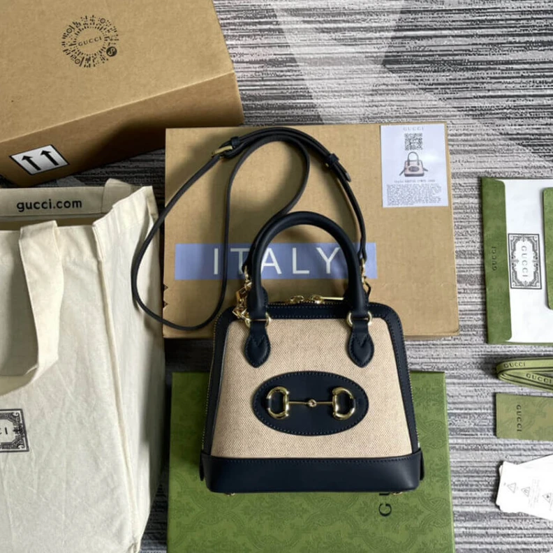 Lv belts replica Detachabl Gucci Horsebit 1955 Mini Top Handle Bag in Beige Canvas