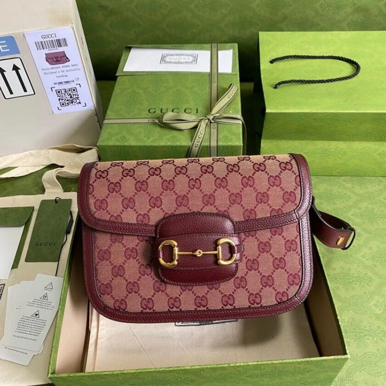 Top lv Recreated Gucci Horsebit 1955 Small Bag in  Burgundy GG Canvas