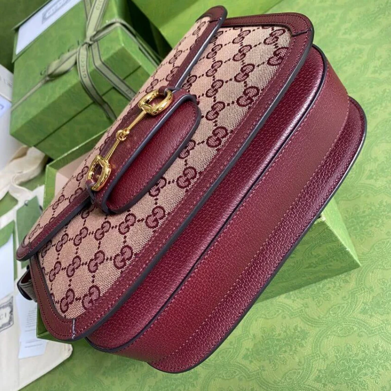Top lv Recreated Gucci Horsebit 1955 Small Bag in  Burgundy GG Canvas